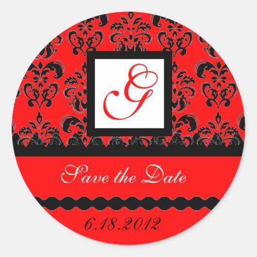 DAMASK MONOGRAM, rood zwart wit Ronde Sticker (Voorkant)