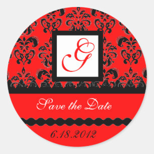 DAMASK MONOGRAM, rood zwart wit Ronde Sticker