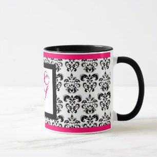 DAMASK MONOGRAM, Roze Fuchsia Zwart Wit Bloemen Mok