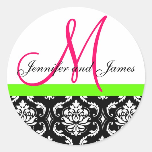 Damask Monogram Roze Groene Bruiloft Sticker (Voorkant)