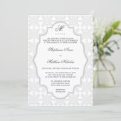 Damask Monogram Silver Gray Wedding Invitation Kaart (Staand voorkant)