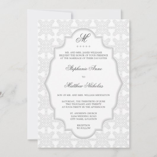 Damask Monogram Silver Grey Faire-part de mariage (Devant)