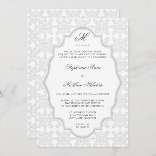 Damask Monogram Silver Grey Faire-part de mariage (Devant / Derrière)