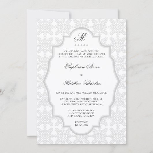 Damask Monogram Silver Grey Faire-part de mariage (Devant)