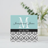 Damask Monogram Wedding Invitation Blue Kaart (Staand voorkant)