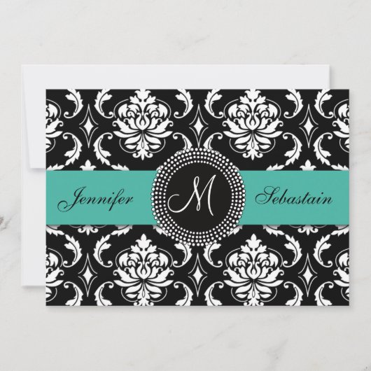 Damask Monogram Wedding Invitations Turquoise Kaart (Voorkant)