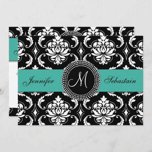 Damask Monogram Wedding Invitations Turquoise Kaart (Voorkant / Achterkant)