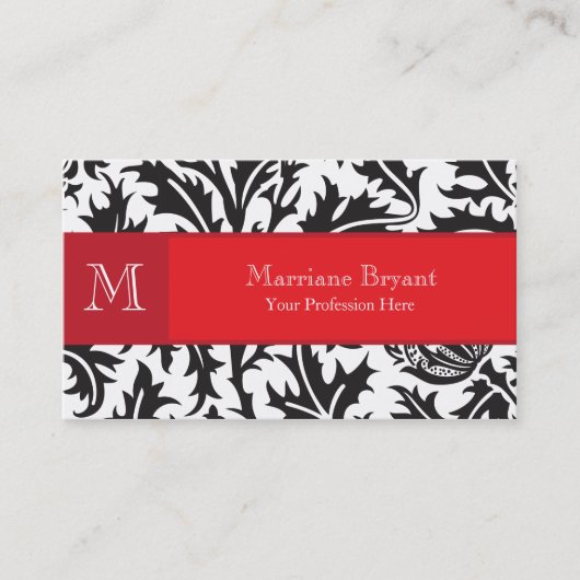 Damask Monogramme Carte de visite rouge (Devant)