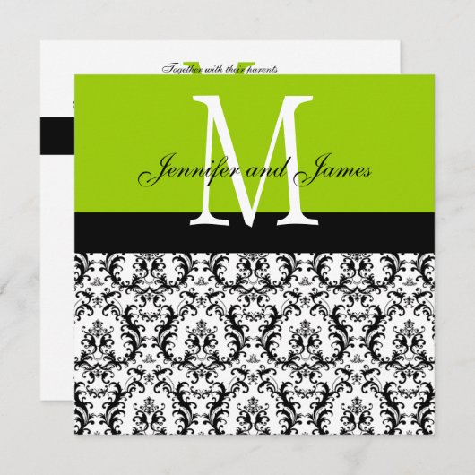 Damask Monogramme Mariage Invitations Apple Green (Devant / Derrière)