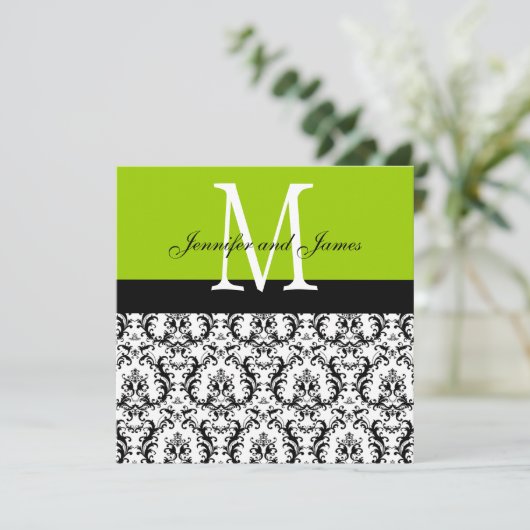 Damask Monogramme Mariage Invitations Apple Green (Debout devant)