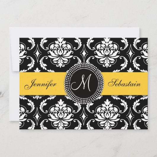 Damask Monogramme Mariage Invitations Jaune (Devant)