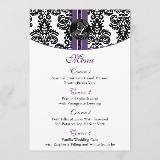 damask monogramme violet menu mariage (Devant)