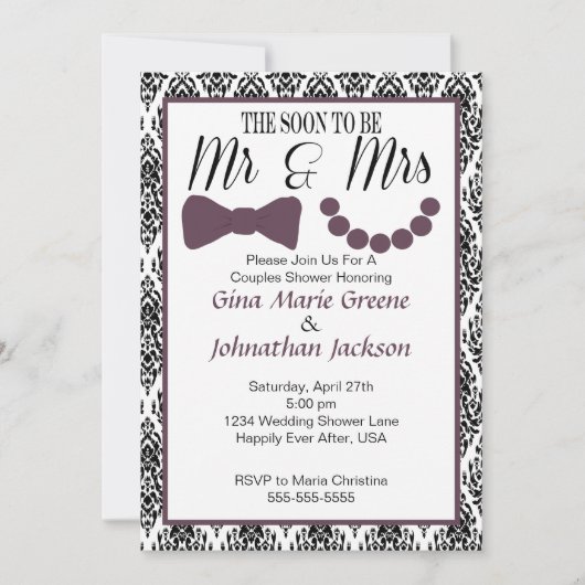 Damask Mr. and Mrs. Shower Invitation (Aubergine) Kaart (Voorkant)