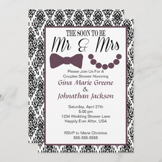 Damask Mr. and Mrs. Shower Invitation (Aubergine) Kaart (Voorkant / Achterkant)