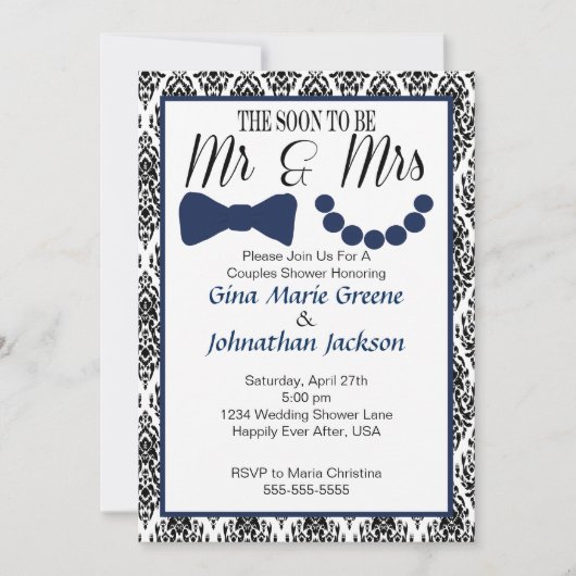 Damask Mr. en Mrs Shower Invitation (marine1) Kaart (Voorkant)