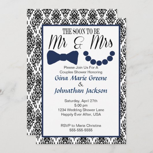 Damask Mr. en Mrs Shower Invitation (marine1) Kaart (Voorkant / Achterkant)