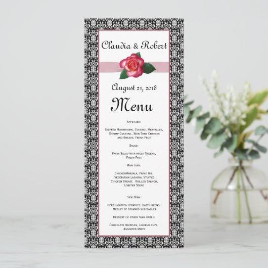 Damask noir blanc, rouge rose Mariage Menu (Debout devant)