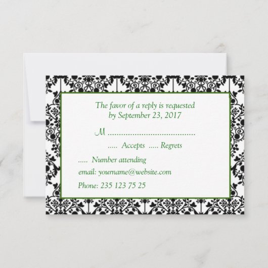 Damask noir, blanc, vert RSVP Invitation (Dos)