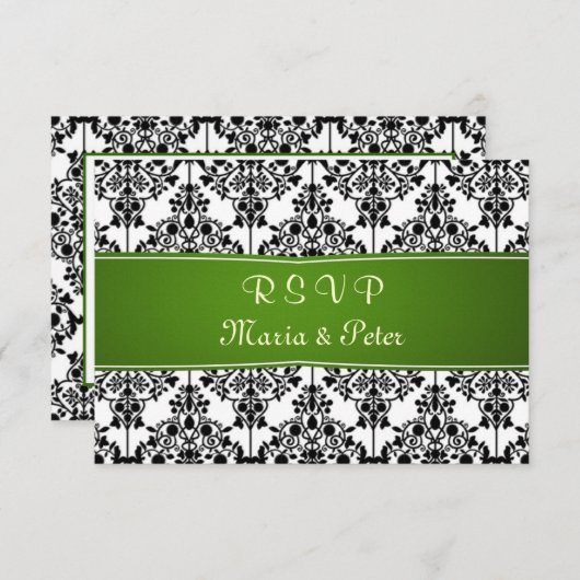 Damask noir, blanc, vert RSVP Invitation (Devant / Derrière)