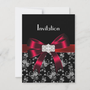 Damask Noir Rouge Blanc Bijou Nœud Invitation
