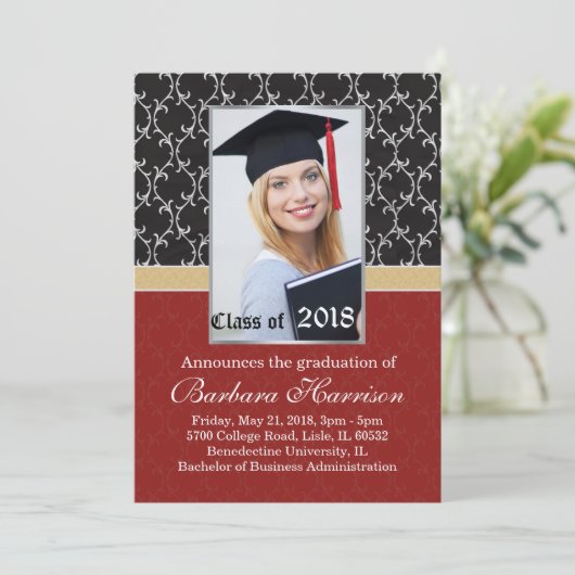 Damask noir, rouge Faire-part de diplôme (Debout devant)