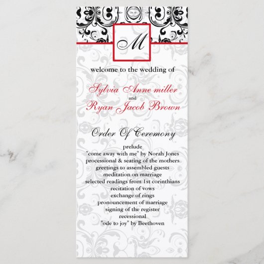 Damask noir rouge MONOGRAM Programme de mariage (Devant)