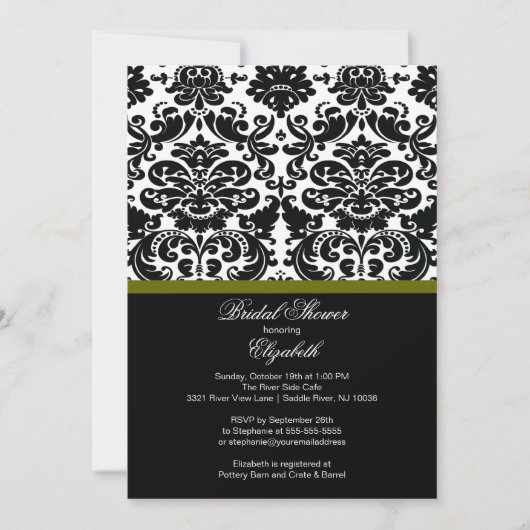 Damask Olive Green Bridal Shower Invitation Kaart (Voorkant)