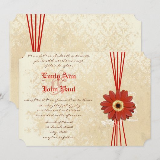 Damask Oranje Gerber Daisy Wedding Invitation Kaart (Voorkant / Achterkant)