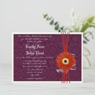Damask Oranje Paars Gerber Daisy Wedding Invite Kaart