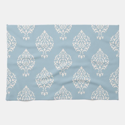 Damask Ornamental Pattern Cream on Blue Theedoek (Horizontaal)