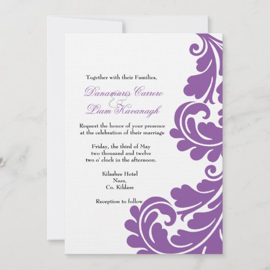 Damask Paars en White Wedding-uitnodiging - Aangep Kaart (Voorkant)