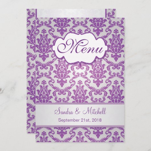 Damask paars op het zilveren bruiloft-menu menu (Voorkant / Achterkant)