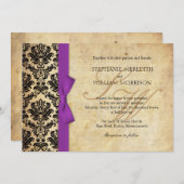 Damask  Paarse Bow Wedding Invitation Kaart (Voorkant / Achterkant)