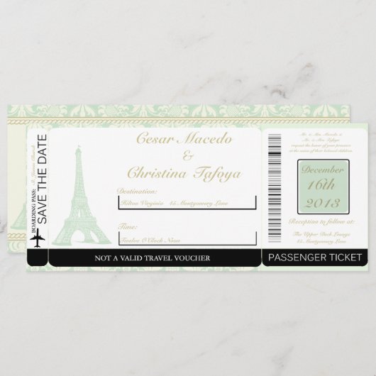 Damask Paris Boarding Pass Trouwuitnodiging Kaart (Voorkant / Achterkant)