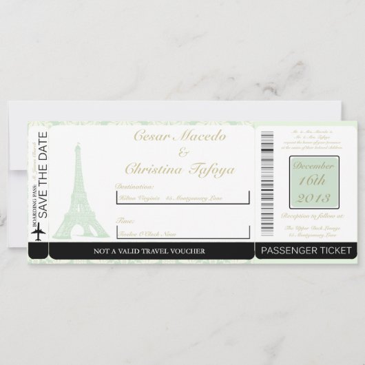 Damask Paris Boarding Pass Trouwuitnodiging Kaart (Voorkant)