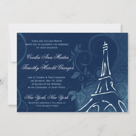 Damask Parisienne - Dark Sapphire Blue Wedding Kaart (Voorkant)
