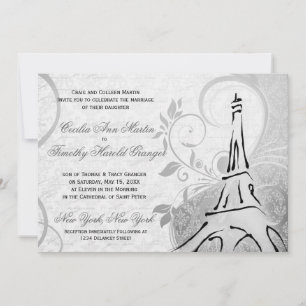 Damask Parisienne - Elegant Black & White Wedding Kaart