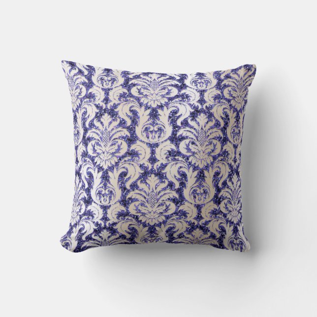 Damask Parly Ivory Glitter Blue Navy Indigo Lux Kussen (Voorkant)