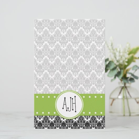 Damask Pattern, Black and White Damask, Monogram Briefpapier (Staand voorkant)