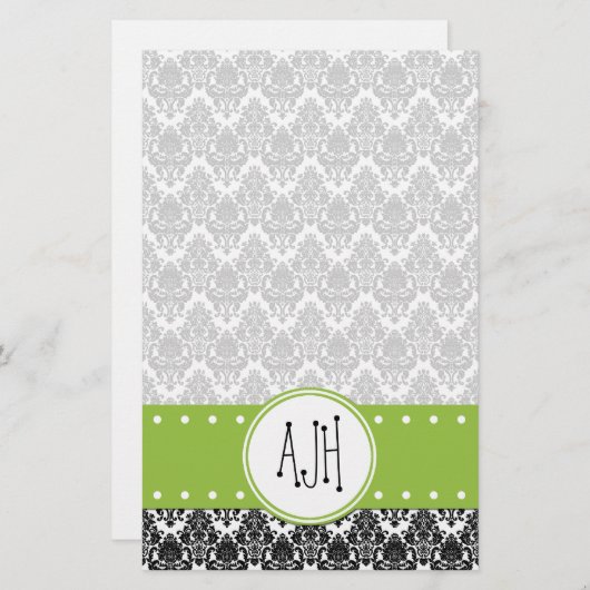Damask Pattern, Black and White Damask, Monogram Briefpapier (Voorkant / Achterkant)