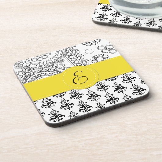 Damask Pattern, Black and White Damask, Monogram Drankjes Onderzetter (Linkerzijde)