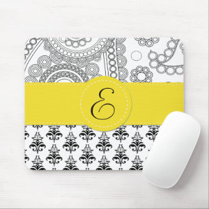 Damask Pattern, Black and White Damask, Monogram Muismat