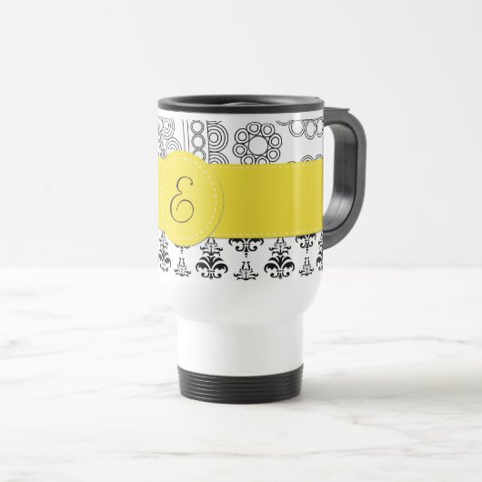 Damask Pattern, Black and White Damask, Monogram Reisbeker (Voorkant rechts)
