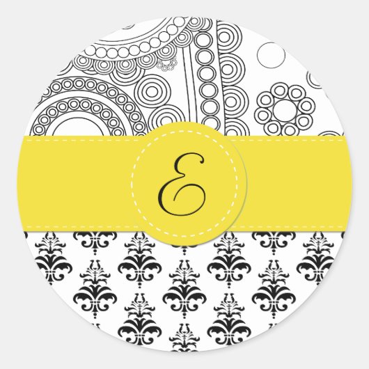 Damask Pattern, Black and White Damask, Monogram Ronde Sticker (Voorkant)