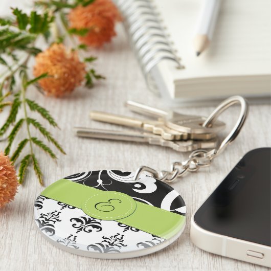 Damask Pattern, Black and White Damask, Monogram Sleutelhanger (Voorkant Rechts)