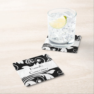 Damask Pattern, Black and White, Quinceanera Vierkante Kartonnen Onderzetter