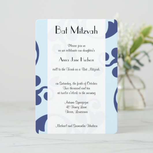 Damask Pattern, Blue Damask, Bat Mitzvah Kaart (Staand voorkant)