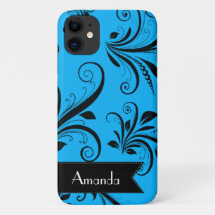 Damask Pattern, Blue Damask, Jouw naam iPhone 11 Hoesje