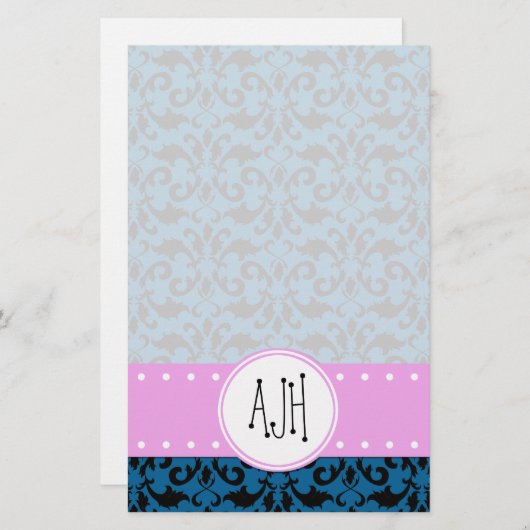 Damask Pattern, Blue Damask, Monogram Briefpapier (Voorkant / Achterkant)