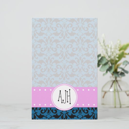 Damask Pattern, Blue Damask, Monogram Briefpapier (Staand voorkant)
